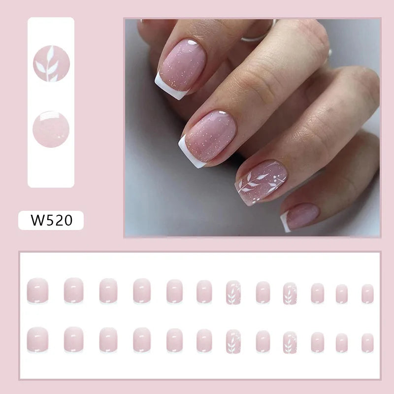 False Nail Full Cover Fake Nail Pink Glitter Wearable French Short Nails Square Head False Nail Press On Nails Manicure Tool