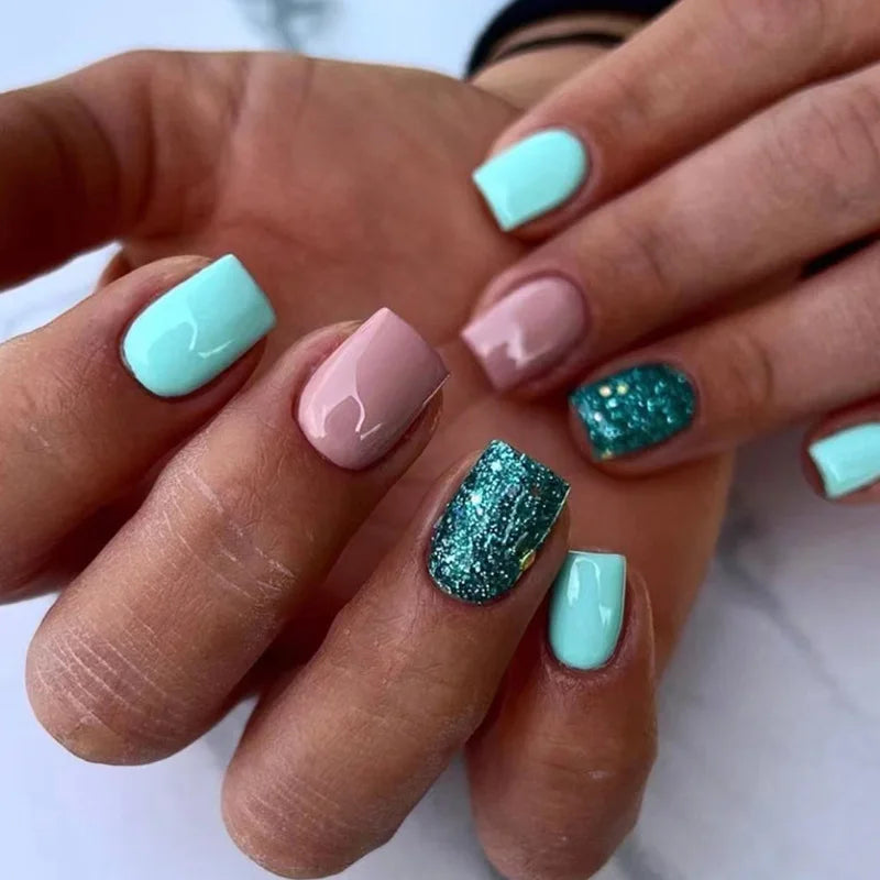 False Nail Full Cover Fake Nail Pink Glitter Wearable French Short Nails Square Head False Nail Press On Nails Manicure Tool