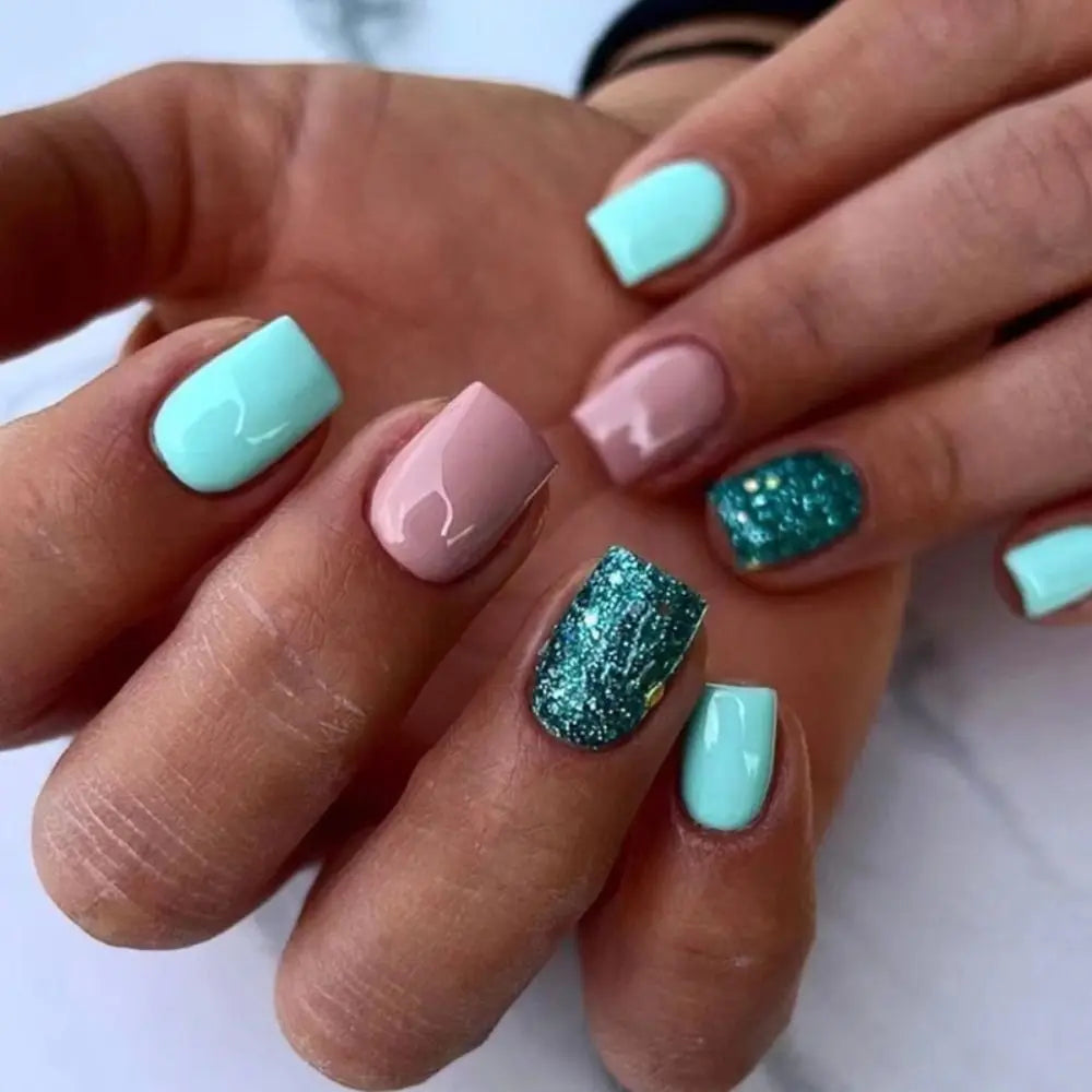 False Nail Full Cover Fake Nail Pink Glitter Wearable French Short Nails Square Head False Nail Press On Nails Manicure Tool